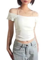 [kanaelun] レディース れでいーす カップ付き トップス カットソー クロップドトップス オフショルダー オフショル カットオフ 肩出し 半袖 クロップド丈 ミドリフ Tシャツ トレンド ショート丈 ブラック グ [ホワイト] [Free Size]