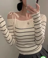 オフショルダー リーボンド ストライプ 長袖ニット