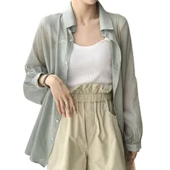[ウェアビー]ボリュームスリーブ シアーシャツ 羽織りブラウス 長袖 薄手 透け感 シャツ レディース 襟付き ボタン 無地 夏ファッション 今風 トレンド 流行 10 20 30 40 50 60 代 通勤 清楚服 カットソー シャ [ライトカーキ] [M]