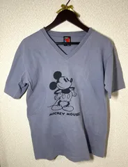 ミッキーマウス Vネック Tシャツ M ブルーグレー 古着 90s【裾シングルステッチ】肩幅49 身幅50 着丈65【タグ切取・小シミ有】メルカリショップス キャラクターTシャツ 半袖 100%コットン MICKEY UNLIMITED ディズニー