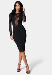 ベベ レディース トップス ワンピース ミディワンピース ミディ レース Bebe Womens Lace Inset Midi Dress Black ブラック