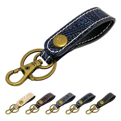 【新品】 [leo&aoi] 本革 キーリング バッグチャーム キーホルダー スナップボタン ベルト式 本革キーリング 牛革 レザー 鍵 カギ レディース メンズ 型押し ペイズリー柄 ネイビー
