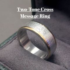 メンズ クロス メッセージリング 23号 9g シルバー×ゴールド ワイドバンド アメリカン風 クロス刻印 英字メッセージリング