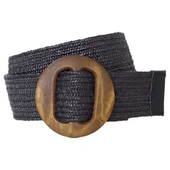 【新品】 [ピース工房] 麻風ゴムベルト メッシュ 太 ベルト ウッド バックル ワイド ゴム レディース スモール S-L ブラック 1