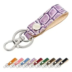【新品】 [leo&aoi] キーリング キーホルダー 本革 スナップボタン ベルト式 バッグチャーム 本革キーリング 牛革 レザー 鍵 カギ レディース メンズ エナメル 型押し 美クロコダイル パープル