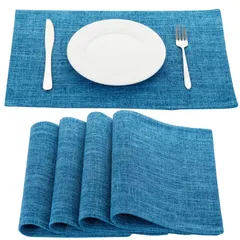 【在庫セール】Senteria ランチョンマット布製 綿麻 マット 二層生地縫製 無地 和風 柔軟性 断熱 滑り止め お手入れ簡単 丸洗い キッチン 家庭用 レストラン用 ４枚セット(ブルー)