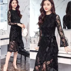 膝丈ワンピース  総レース ドレス  シースルー 結婚式 二次会 パーティー