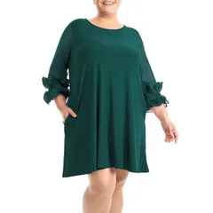 ニナレオナルド レディース トップス ワンピース プラスサイズ フリル メッシュ Plusize Nina Leonard Mesh Ruffle Dress Rich Pine