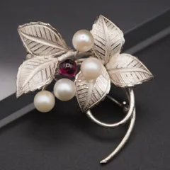 S098 本真珠 5.8-6.1mm4珠 パール SILVER刻印 ブローチ カラーストーン リーフ デザイン シルバー コサージュ 6月誕生石