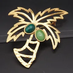 S762 ブローチ 大ぶり ヤシの木 グリーン系 天然石風 ゴールドカラー デザイン コスチュームジュエリー