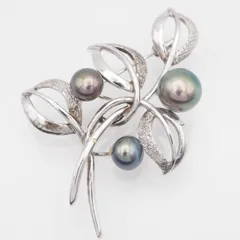 S715 淡水真珠 パール 925刻印 ブローチ ダーク系カラー リーフ デザイン シルバー コサージュ 6月誕生石