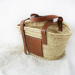 極美品 ロエベ LOEWE バスケットバッグスモール＼ナチュラル ブラウン かごバッグ アナグラム ロゴ トートバッグ レザー【2400014882995】