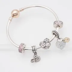 S970 PANDORA パンドラ S925 ALE刻印 バングル ハートロック 南京錠 フラワー チャーム ピンクストーン デザイン シルバー 腕輪