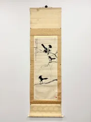 真作】稲葉桑文/紅梅に雀図/雪梅小禽図/掛軸/名家伝来/AA-308 美品