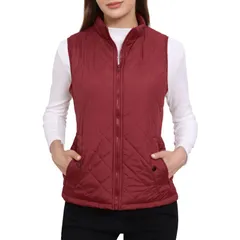 アレグラ ケー レディース アウター ジャケット・ブルゾン キルティング ベスト ジレ ALLEGRA K Womenstand Collar Lightweight Gilet Quilted Zip Vest Wine Red レッド