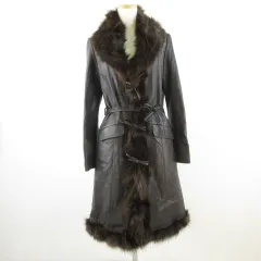 コート レザー 長袖 ロング ラム フォックスファー 焦げ茶 42 *T260