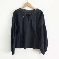 タグ付 Ungrid インド製 レースアップコットンブラウス クロシェ編みネックデザイン ボリューム袖 袖ゴム ブラック FREE