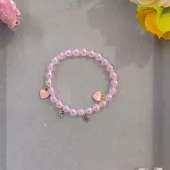 ハンドメイド／ピンクビーズブレスレット   ハート＆四つ葉チャーム付き