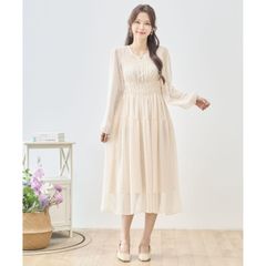 SALE NEW Spring [TRUBE] Dot Chiffon Shirred Dress [N82-565A] Women's Clothing Long Dress Sheer Sleeves Dot Pattern Figure-Flattering Stylish Elegant Cute Sophisticated Spring Summer Beige (M~L)