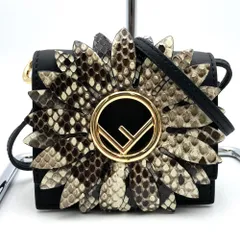 FENDI フェンディ キャナイ フラワー マイクロ ショルダーバッグ ポーチ ブラック レザー パイソン レディース
