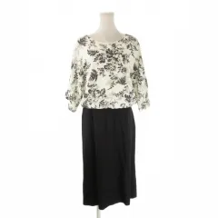 ローラアシュレイ LAURA ASHLEY ドッキングワンピース 36 黒 ブラック 白 ホワイト モノトーン 花柄 七分袖 /CK33 ■ECE003