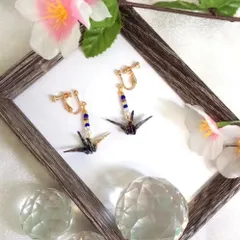 紺×紫の和柄折り鶴イヤリング 千代紙使用 上品で大人かわいい和風アクセサリー  ハンドメイド  oh-02730