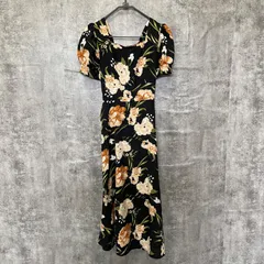 【k-408】花柄ロングワンピース ブラック黒 フラワー柄 半袖 ギャザー ウエストゴム Aライン フレア  レディースM相当 春夏 人気デザイン
