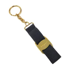 Salvatore Ferragamo ヴァラリボン キーリング キャンバス メッキ ゴールド ネイビー