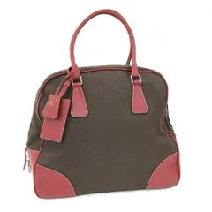PRADA ボストンバッグ レザー キャンバス ブラウン レッド
