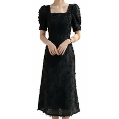 [Takusan Shopping] ワンピース スクエアネック タイト 膝下 ドレス 半袖 フォーマル エレガント フリンジ ジャガード パーティー マーメイド 結婚式 レディース (JP, アルファベット, M, ブラック) [ブラック] [M]