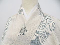 6k997 着物 絹 毛 単衣 紬 グレー ベージュ 花柄 和装 - メルカリ