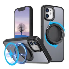 iPhone12/12 Pro 用 ケース【ブラケットギアの回転】【Magsafeリング・スタンド一体】360°回転スタンド マグネット搭載 縦横両対応 角度調整可 ストレスを和らげる リング 指紋防止 ワイアレス充電対応 マット感 いphone12/12Pr