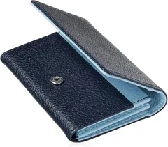 RLEATHER(アールレザー) 名刺入れ レディース 本革 大容量 70枚収納 バイカラー 上質シュリンクレザー おしゃれな仕切り付きカードケース ギフト (ネイビーxスカイブルー,  (縦)約8cmx(横)約11.5cm x (マチ)約2cm)