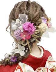 かすみ草 組紐 水引 ソラフラワー ピンポンマム パール あじさい 紫陽花 リボン 結婚式 ドライフラワー 浴衣 蝶々飾り 着物 メッシュ飾り 和装 編みおろし 袴 ヘアアクセサリー 卒業式 紫 振袖 パープル 成人式 CB004 髪飾り