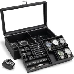 2段 ジュエリー アクセサリー収納 誕生日プレゼント アクセサリーケース 収納ボックス メンズ PU製 6本 時計ケース Vlando