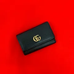 極 美品 希少品 GUCCI グッチ GGマーモント ロゴ 金具 レザー 本革 三つ折り キーケース キーカバー キーリング ブラック 黒 42623
