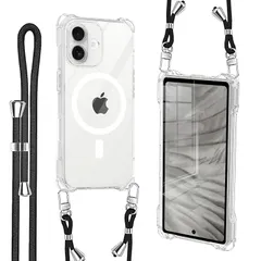 iPhone 17 用 ケース クリア Magsafe対応 マグネット搭載 ショルダー ストラップ付 携帯カバー 耐衝撃 全面保護 アイフォン17 用 ソフトTPU 純透明 スマホケース 紐付き 肩がけ 首掛け 縄掛けケース 落下防止 紛失防止【き調節可能 1