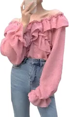 toasoa ブラウス レディース 長袖 おしゃれ ゆったり クロス フリル オフショルダー (ピンク,  M)