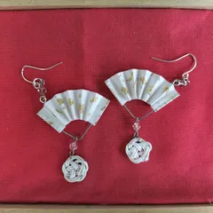 水引付き扇子ピアス 白×金箔 ピンク×黄緑 和風大人かわいい華やかアクセサリー   ハンドメイド  oh-02713