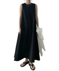 [NobleTicks] ワンピース レディース 夏 ノースリーブ ロング 無地 体型カバー ゆったり Aライン フリーサイズ ポケット付き 丸首 大きいサイズ (ブラック) [ブラック]