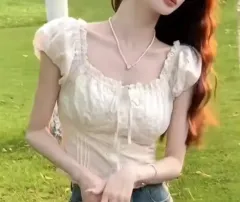 かわいいセクシーキューティーレディース夏レース半袖ブラウス 白 S