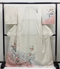 中古品　袷着物　訪問着　友禅　落款　鳥の子色　正絹　TL寸　裄68　R619
