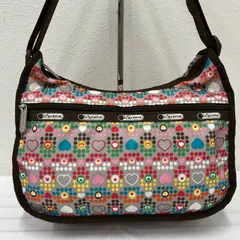 764　 LeSportsac　レスポートサック　クラシックホーボー　ショルダーバッグ　ハート柄　総柄　ドット柄　マルチカラー　ブラウン系　収納　ナイロン　軽量