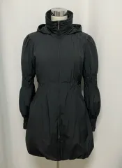 ブラック バルーン キルティング フード ダウンジャケット ロング丈 / パフ 袖 ウィンドブレーカー ダウンジャケット ロング丈