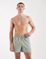 エイソス メンズ 水着 ハーフパンツ・ショーツ ショートパンツ ASOS DESIGN swim shorts in short length with green geometric stripe BEIGE ベージュ