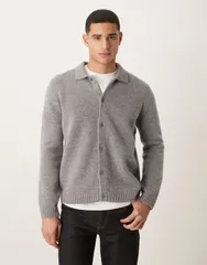 エイソス メンズ アウター ニット・セーター ポロシャツ カーディガン ASOS DESIGN relaxed knit button through polo cardigan Gray グレーのサムネイル