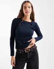 マンゴ レディース トップス Tシャツ Mango Teen 2 in 1 long sleeve top Navy ネイビーのサムネイル