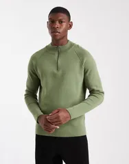 エイソス メンズ アウター ニット・セーター ハーフジップ セーター ニット ASOS DESIGN knit half zip sweater GREEN グリーンのサムネイル