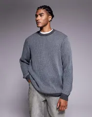 エイソス メンズ アウター ニット・セーター クルーネック セーター ニット ASOS DESIGN relaxed knit plated rib crew neck sweater Gray グレのサムネイル