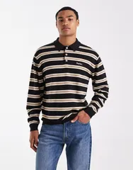 パルレ メンズ トップス ポロシャツ ニット ロゴ Parlez long sleeve knit logo polo and brown stripe Black ブラック